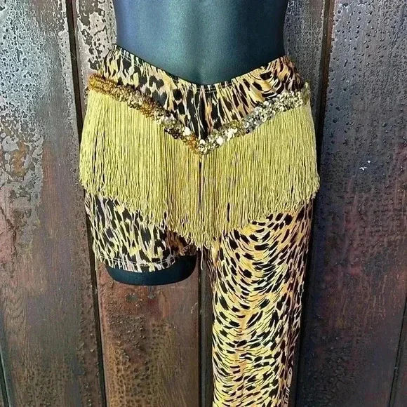 Vintage One Leg Leopard Cheetah Animal Print Leggings Fringe Sequins 80s 90s - Picture 3 of 7